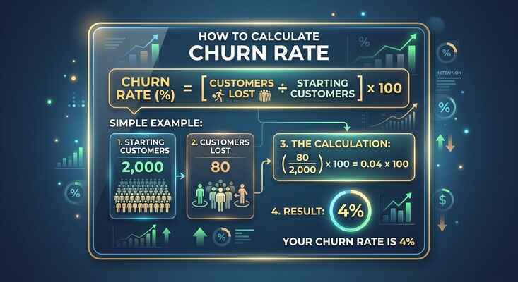 Infographic showing how to calculate churn rate with 2000 starting customers and 80 lost customers resulting in 4 percent churn.