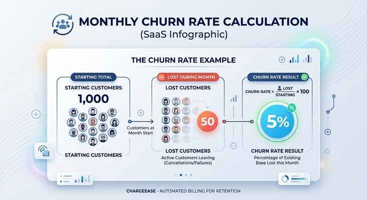 Infographic showing monthly churn rate calculation with 1000 starting customers and 50 lost customers resulting in 5 percent churn.
