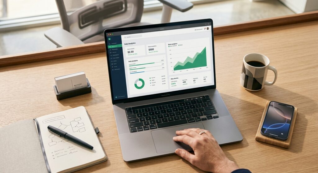 Freelancer analyzing project earnings dashboard showing Rs 1500 and Rs 500 on a laptop on a modern desk setup with notebook and pen.