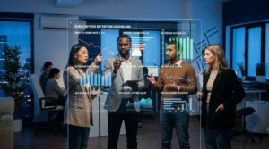 SaaS analytics team reviewing a business growth dashboard to monitor and lower churn rate.