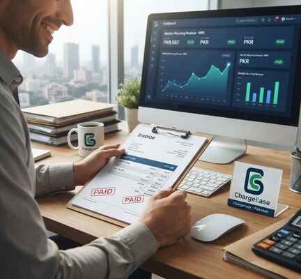 Pakistani business owner holding a stamped paid invoice in front of a desktop monitor displaying a PKR revenue analytics dashboard with ChargeEase branding.