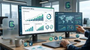 ChargeEase dual-monitor workstation comparing subscription billing and global billing platform analytics, multi-currency charts, and revenue metrics.